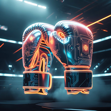 A pair of futuristic boxing gloves are depicted floating in a neon-lit arena. The gloves are adorned with intricate circuit board patterns and glowing orange and blue lines, suggesting a blend of traditional sport with advanced technology. The background features stadium lighting and a sense of depth, creating a dramatic and energetic atmosphere.の素材