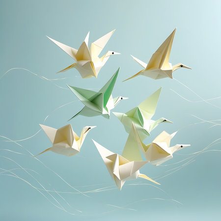 A group of seven origami paper cranes are depicted in mid-flight against a soft, gradient light blue background. The cranes are folded from paper in shades of white, pale yellow, and light green. Delicate, thin white lines resembling wisps of wind or trails are scattered around the birds, suggesting movement and grace. The composition evokes a sense of peace, freedom, and artistic elegance.の素材