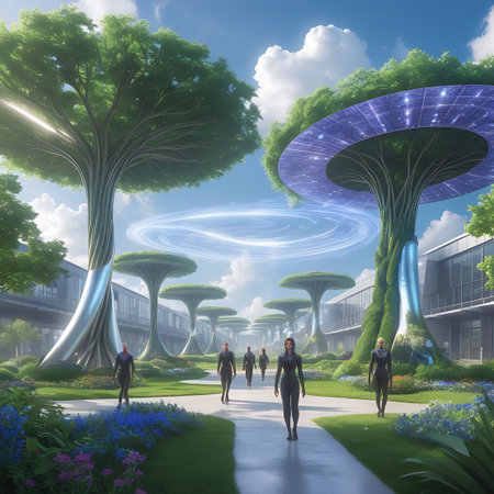 A bright, futuristic cityscape features sleek, modern buildings with clean lines. Interspersed are large, organic-shaped trees with broad, canopy-like tops that appear to be integrated with solar panels. People in sleek, dark attire walk along a paved path through a lush, green park area with colorful flowers. The sky is blue with fluffy white clouds, and a glowing blue ring hovers in the distance.の素材