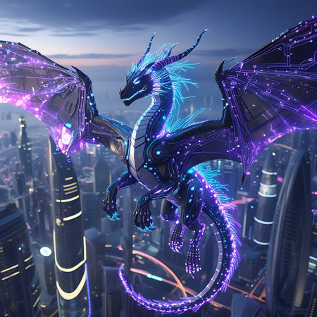 A detailed, futuristic cybernetic dragon with glowing purple and blue circuits soars through the sky above a sprawling cityscape at dusk. The dragon's body is a blend of mechanical parts and glowing light accents, with large, illuminated wings. The city below is filled with tall, modern skyscrapers, many of which are also lit with neon and digital displays, creating a vibrant, high-tech atmosphere. The sky transitions from twilight blues to darker hues.の素材