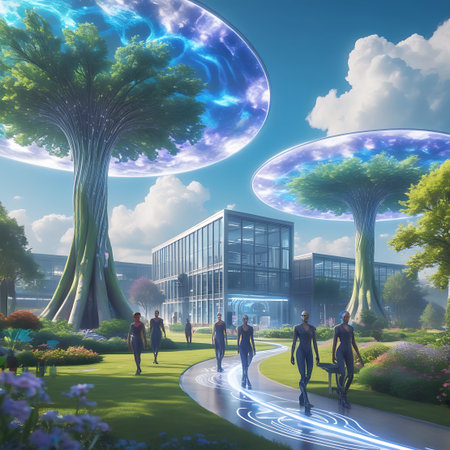 A futuristic city landscape featuring modern glass buildings surrounded by lush greenery and uniquely shaped trees with glowing, translucent canopies. Several figures in sleek attire walk along a luminous pathway that winds through the park-like setting under a bright blue sky with fluffy clouds.の素材