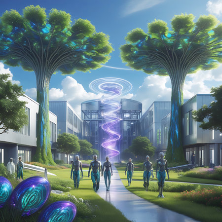 A vibrant, futuristic eco-city is depicted with large, organic-shaped buildings and immense, tree-like structures with lush green canopies. People in futuristic attire walk along a pathway through a manicured lawn dotted with colorful flowers. A prominent, swirling vortex of purple and blue energy is visible in the sky between the two largest tree structures. The sky is clear blue with scattered clouds.の素材