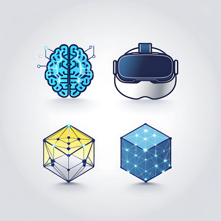 Four distinct icons are arranged on a light gray background. Top left is a stylized brain with glowing blue neural pathways. Top right is a virtual reality headset with blue and white accents. Bottom left is a geometric cube structure with yellow and blue wireframe connections. Bottom right is a blue geometric cube with interconnected nodes.の素材