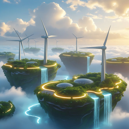 A breathtaking view of multiple floating islands set against a bright, cloud-filled sky. Wind turbines are prominent on the green, vegetated surfaces of the islands, which are also illuminated by glowing yellow lights and feature cascading waterfalls. The water from the falls creates luminous blue paths in the sky. The scene evokes a sense of wonder and a vision of a sustainable, technologically advanced future.の素材