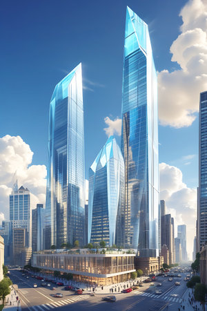 A cluster of gleaming, futuristic skyscrapers with sharp, angular glass facades dominates the urban landscape. The buildings reflect the bright blue sky and fluffy white clouds. Below, a multi-lane street is filled with traffic, and a modern commercial building with an illuminated ground floor sits at the base of the towers. The scene depicts a vibrant and advanced city environment.の素材