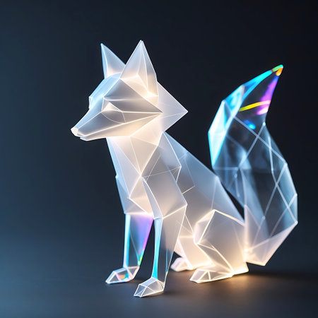 A stylized, geometric fox sculpture made of translucent crystal material sits on a dark surface. The sculpture is illuminated from within, casting soft light and creating sharp edges and facets. The tail of the fox exhibits vibrant, iridescent rainbow colors, reflecting light in a spectrum of hues. The overall aesthetic is modern, abstract, and sleek.の素材