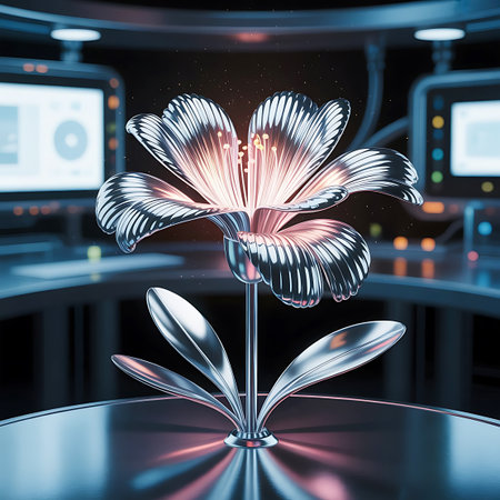 A highly detailed, metallic flower with intricate petals glows with a warm, orange light from its center. The flower is presented in a futuristic laboratory environment with blurred screens and equipment in the background, suggesting a scientific or technological creation. The metallic surface reflects the ambient lighting, creating a sleek and sophisticated aesthetic.の素材