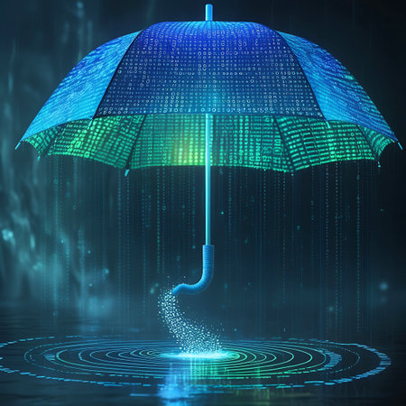 A futuristic umbrella, constructed from glowing blue and green binary code and intricate patterns, stands against a dark, atmospheric background. It appears to be shielding from a cascade of digital rain, represented by falling binary code. The base of the umbrella emits a circular pattern of light and glowing particles on the water's surface.の素材