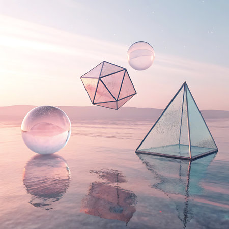 Three translucent geometric shapes, a sphere, an icosahedron, and a pyramid, float above a calm body of water. The scene is bathed in the soft, pastel light of a sunset or sunrise, with hues of pink, orange, and blue in the sky and reflected on the water's surface. The shapes themselves are clear and slightly textured, with subtle reflections visible on the water.の素材