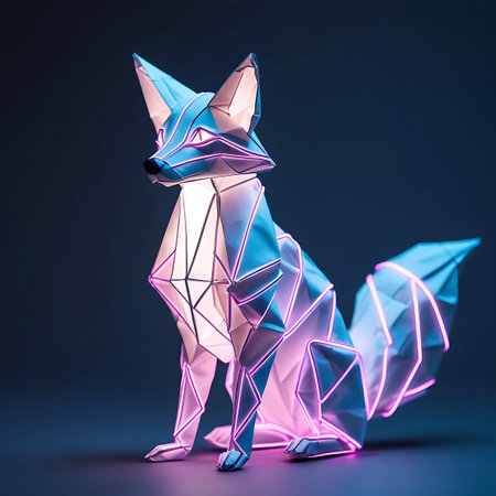 A striking geometric sculpture of a fox, crafted in an origami style, is illuminated by vibrant neon pink and blue light. The sculpture's facets are sharply defined, creating an angular and modern aesthetic. The internal light source casts a bright glow through the translucent material, outlining the form with glowing lines against a dark, muted background.の素材