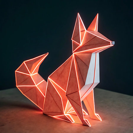 A geometric origami fox sculpture is illuminated by a vibrant neon orange light that traces its sharp, angular edges. The sculpture is crafted from paper and has a clean, minimalist design. The light creates a striking outline against a dark background, highlighting the polygonal facets of the fox's form. This modern and artistic piece serves as a decorative accent.の素材