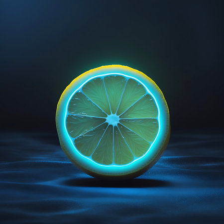 A single, vibrant slice of lemon is presented against a dark, textured background. The edges of the lemon slice are outlined with a bright, electric blue neon glow, creating a surreal and eye-catching effect. The natural texture and segments of the lemon are clearly visible within the luminous border.の素材