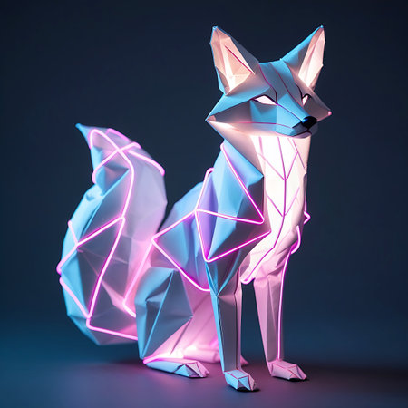 Delicate showing geometric origami fox sculpture with neon pink and blue lighting. High resolution image suitable for commercial use. Clear details and vibrant colors enhance visual appeal.の素材