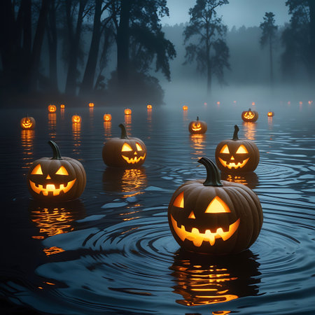 Many carved Halloween jack o lanterns, each emitting a warm orange glow from within, are scattered across the surface of a dark, misty lake at night. The water shows gentle ripples, and the background is filled with the dark, indistinct shapes of trees shrouded in fog, contributing to a chilling and atmospheric scene.の素材