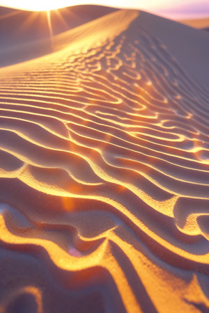 Close-up view of sand dunes bathed in the warm, golden light of either sunrise or sunset. The sunlight creates dramatic shadows and highlights, emphasizing the intricate, wavy patterns formed by the wind on the sand's surface. The texture of the sand and the play of light and shadow create an abstract, natural pattern that conveys a sense of serene, arid beauty.の素材