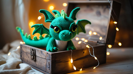 A charming green crochet dragon toy with large yellow eyes and delicate wings is nestled inside an open wooden treasure chest. The scene is illuminated by warm, twinkling fairy lights, creating a magical and cozy atmosphere. The background features soft bokeh lights, adding to the whimsical feel.の素材