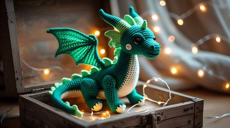 A detailed green crochet dragon toy, featuring green accents on its horns and body, is positioned inside an open wooden treasure chest. The chest is surrounded by a string of soft, glowing fairy lights, creating a warm and enchanting atmosphere. The background is softly blurred with bokeh lights, emphasizing the magical scene.の素材