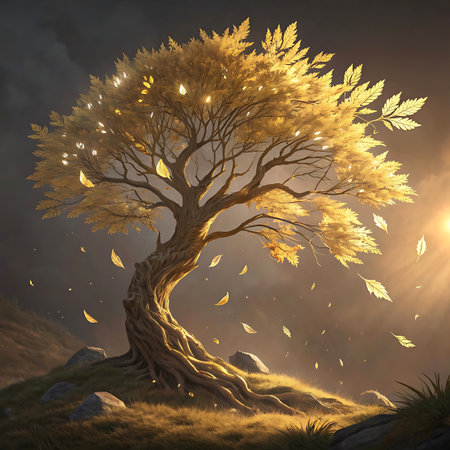A magnificent golden tree with a twisted, ancient trunk stands on a grassy hill. Its branches are laden with luminous, golden leaves, some of which are depicted falling. The scene is bathed in the warm, radiant light of a sunset, with sunbeams casting a magical glow. Rocks and sparse vegetation dot the landscape.の素材