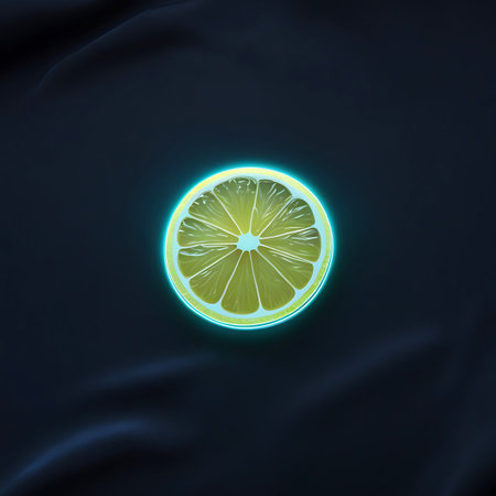 A bright slice of lemon is showcased against a dark, draped fabric background. The lemon slice is encircled by a striking neon blue light, giving it an otherworldly appearance. The texture of the fabric adds depth to the composition, contrasting with the sharp, illuminated fruit.の素材