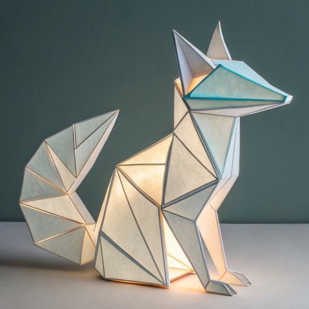A geometric origami fox sculpture, designed as a lamp, sits on a surface. The sculpture is constructed from translucent white panels with visible geometric edges. Warm light emanates from within the fox, illuminating the panels and casting a soft glow. The background is a plain, muted color.の素材
