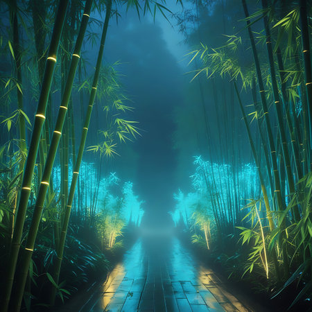 A stone pathway, wet and reflective, leads through a dense bamboo forest shrouded in mist. The tall bamboo stalks are illuminated by a combination of yellow and blue lights, creating a mystical and dreamlike atmosphere. The lights are strategically placed, highlighting the path and the surrounding vegetation.の素材
