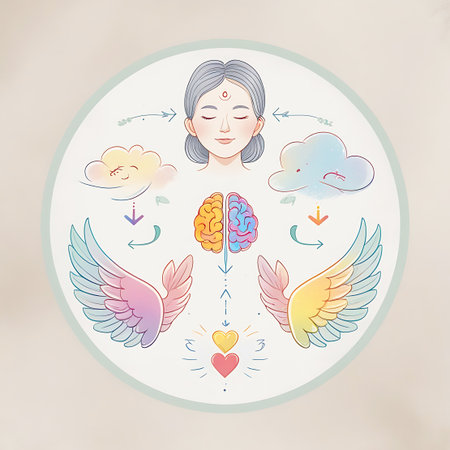 An illustrative depiction of the mind-body connection within a circular frame. A serene woman's face is at the top, with clouds representing thoughts above. Below her, a split brain graphic transitions to two stylized hearts. Large, colorful wings extend from the sides, symbolizing freedom and emotional expression. Arrows indicate a flow between elements.の素材