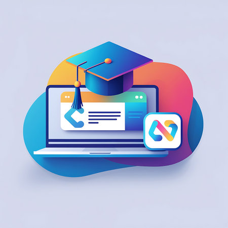This 3D illustration features a laptop with a graduation cap on its screen, alongside a coding icon. The scene is set against a vibrant, abstract background with flowing gradient shapes in blue, orange, and pink. The laptop displays a stylized interface, suggesting digital learning or software development.の素材