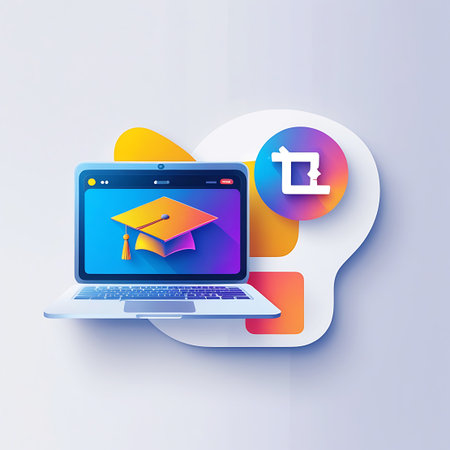 A 3D rendered image showcases a laptop displaying a graduation cap and an editing icon. The laptop rests on a white surface, with abstract, layered shapes in yellow, orange, and white forming a backdrop. A circular element with a colorful gradient and the editing icon is prominent. The image conveys ideas of digital learning and creative pursuits.の素材