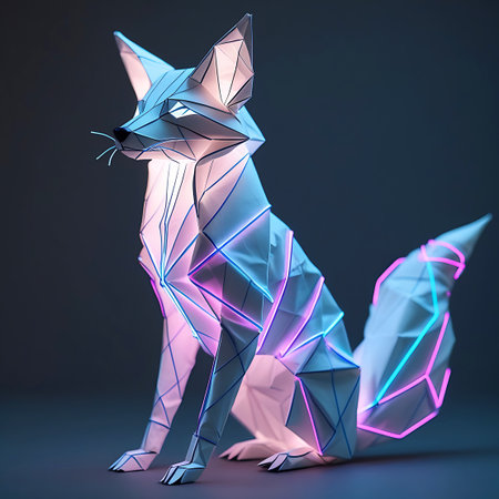 A stylized fox sculpture, constructed with geometric, low-poly facets, is lit from within and outlined with neon blue and pink light. The angular form of the animal is emphasized by the sharp edges and the glowing lines that trace its silhouette. The sculpture sits against a plain, dark background, highlighting its luminous and futuristic appearance.の素材