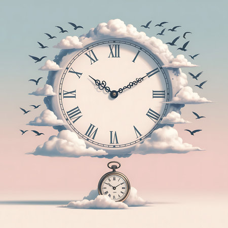 A large analog clock face with Roman numerals is partially obscured by fluffy white clouds against a soft gradient sky. Birds are depicted flying around the clock and clouds. Below the large clock, a vintage pocket watch rests on a small cloud, also displaying an analog face. The overall composition evokes a sense of passing time and the vastness of the sky.の素材