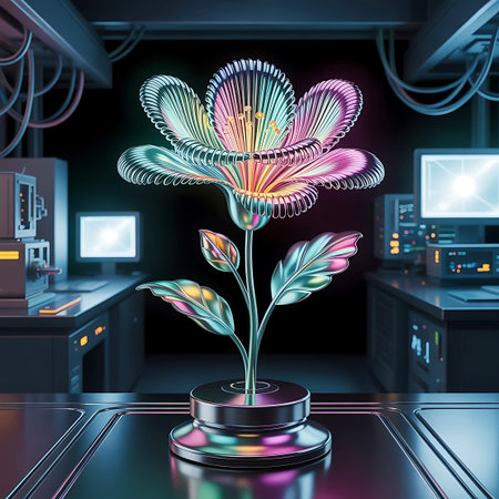 A stunning metallic flower with iridescent petals shimmers with a vibrant neon glow in a futuristic laboratory. The flower is the central focus, with its delicate structure illuminated by a spectrum of colors. The background features high-tech equipment, computer screens, and cables, reinforcing the theme of advanced technology and scientific exploration.の素材