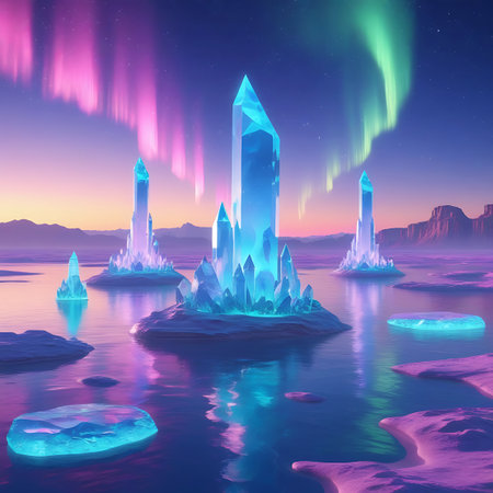 A fantasy landscape featuring several islands topped with glowing blue crystals emerging from a calm body of water. The water reflects the vibrant pink and green hues of the aurora borealis in the twilight sky. Scattered ice floes with a soft blue glow dot the water's surface, and distant mountains frame the scene.の素材