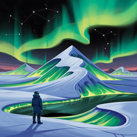 A person stands on an icy landscape, looking towards majestic, snow-covered mountains illuminated by a vibrant green aurora borealis in the night sky. Constellations are visible above. The aurora reflects in a dark, still body of water in the foreground, creating a surreal and breathtaking scene.の素材