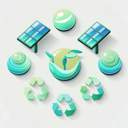 Isometric icons representing renewable energy and sustainability are arranged in a circular formation against a white background. The icons feature solar panels, stylized water droplets, and recycling symbols. A central graphic depicts a sprouting plant within a curved shape. The clean, minimalist design emphasizes environmental concepts.の素材