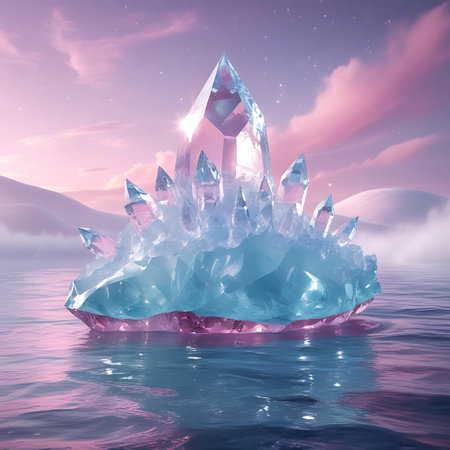 A vibrant crystal cluster, predominantly blue with pink accents, emerges from shimmering water. The sky is a dusky purple and pink, dotted with faint stars and soft clouds. The crystal's facets catch and refract light, giving it a luminous and otherworldly appearance.の素材