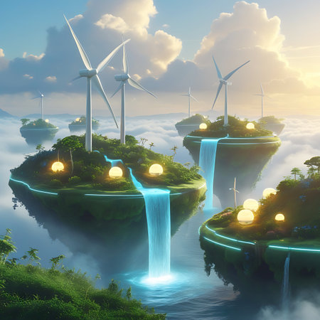 A vibrant scene depicting several lush green floating islands in a sky filled with soft clouds. Wind turbines stand tall on the islands, and waterfalls cascade down their sides, creating luminous blue streams. The islands are decorated with glowing yellow lights and dense vegetation, including trees. The overall impression is one of a futuristic, sustainable, and fantastical world powered by clean energy.の素材