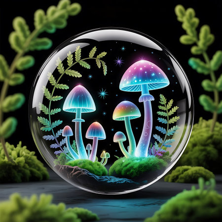 A collection of fantastical, bioluminescent mushrooms with vibrant, glowing caps are nestled within a perfectly transparent sphere. The mushrooms emit a soft, multicolored light, creating an enchanting and mystical atmosphere. Delicate green foliage and moss surround the mushrooms, and small star-like sparkles add to the magical quality. The sphere is set against a dark background, making the glowing elements stand out.の素材