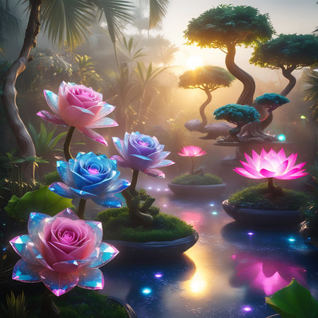 A breathtaking, surreal scene showcasing several luminous lotus flowers in a magical water garden. The flowers, in shades of pink, blue, and purple, emit a soft, ethereal glow. They are positioned on small mossy islands within a calm body of water, reflecting the soft light. Stylized bonsai trees and lush foliage surround the scene, with the warm glow of sunrise or sunset filtering through. Small, scattered lights add to the enchanting, dreamlike atmosphere.の素材