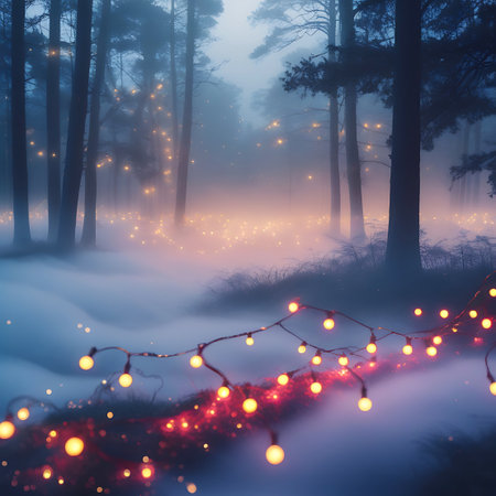 Gently showing magical forest with glowing lights and mist. High resolution image suitable for commercial use. Clear details and vibrant colors enhance visual appeal.の素材