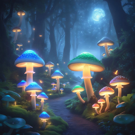 This enchanting night scene depicts a forest filled with luminous mushrooms of various colors, including blue, green, and red. A gentle stream or path winds through the moss-covered ground, illuminated by the soft glow of the fungi and scattered sparkling lights. The moon hangs brightly in the starry, dark blue sky, casting an ethereal and magical ambiance.の素材