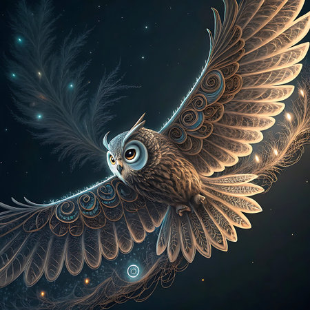 A majestic owl is captured in flight against a dark, celestial background filled with soft bokeh lights and glowing wisps. The owl's feathers are rendered with intricate detail, and its wings appear to trail luminous, golden and blue energy. The image has a dreamlike and magical quality, emphasizing the beauty and mystery of the nocturnal creature.の素材