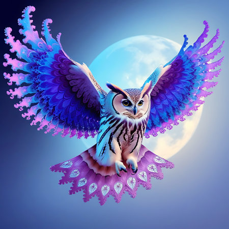 A majestic owl is depicted in flight against a large, luminous moon. The owl's wings are dramatically spread and adorned with incredibly vibrant, ornate feathers in shades of deep purple, bright blue, and hints of pink. The tail feathers are also elaborately decorated. The overall image has a surreal, magical, and dreamlike quality.の素材