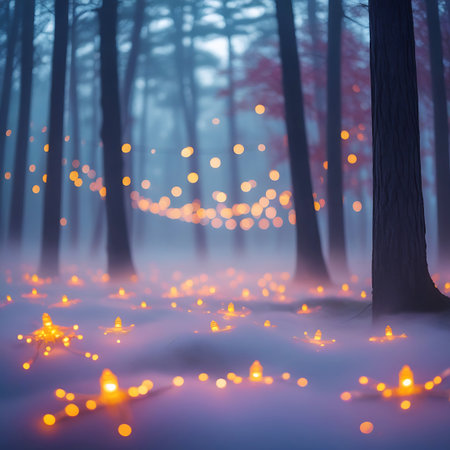 A close-up view of a forest floor shrouded in mist, illuminated by numerous small, star-shaped and round glowing lights. The lights are scattered across the ground and strung between trees in the background, creating a magical and ethereal atmosphere.の素材