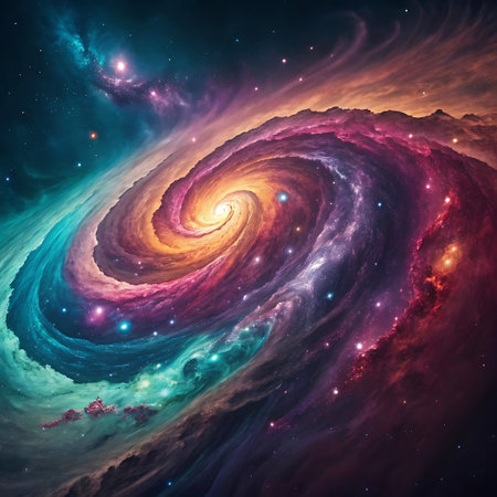 A spectacular depiction of a spiral galaxy or nebula. The cosmic structure is characterized by intense, swirling colors of pink, purple, teal, and orange, with a bright, glowing core. Countless stars are scattered throughout the scene, illuminating the vastness of space and creating a visually stunning and immersive experience.の素材