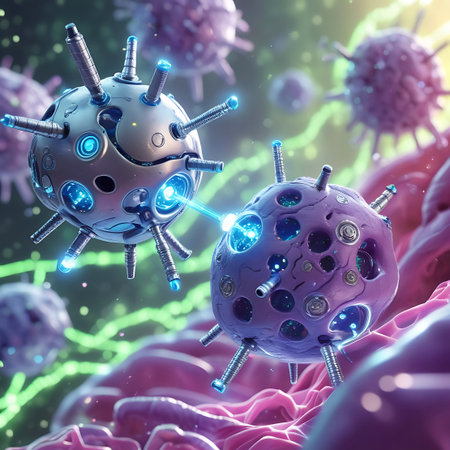 A close-up, microscopic view of two distinct nanobots, one metallic and one purple, engaging with a virus-like particle. The nanobots have multiple spiky appendages and emit blue light, appearing to be in the process of attacking or neutralizing the virus.の素材