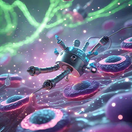 A detailed microscopic view of a futuristic nanobot with metallic arms and blue lights, interacting with a red blood cell and a green DNA strand. The scene is filled with glowing particles and other cellular structures, depicting a scientific and technological concept.の素材