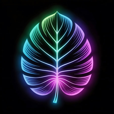 A stylized monstera leaf is depicted as a vibrant neon outline against a stark black background. The outline transitions through a spectrum of colors, including electric blue, teal, green, yellow, and pink, creating a luminous and eye-catching effect. The intricate veining of the leaf is clearly defined by the glowing lines, giving it a modern and digital art aesthetic. The overall impression is one of vibrant energy and exotic beauty, presented in a clean and graphic style.の素材