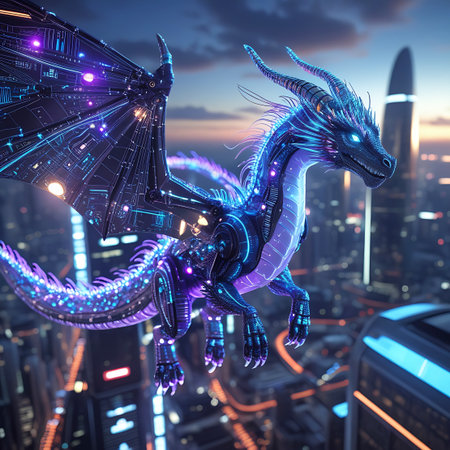 A close-up view of a mechanical dragon with intricate circuit board detailing on its wings and body. The creature emits a vibrant purple and blue glow. It is depicted flying over a sprawling modern cityscape during sunset, with the sky displaying warm twilight hues. The city's skyscrapers and illuminated infrastructure are visible in the background.の素材