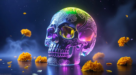 A highly detailed, ornate sugar skull is illuminated with vibrant neon colors, casting a colorful glow. Intricate floral patterns are etched into its surface. Around the skull, bright orange marigolds are scattered on a dark, reflective surface, with wisps of smoke or mist adding an ethereal atmosphere. The background is a deep, dark blue, with subtle hints of light and floating petals.の素材