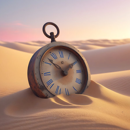 An old, weathered pocket watch with a circular face and blue Roman numerals is partially submerged in the undulating sand dunes of a desert. The warm, soft light of a pastel-colored sunset or sunrise illuminates the scene, highlighting the textures of the sand and the watch, evoking a sense of timelessness and isolation.の素材